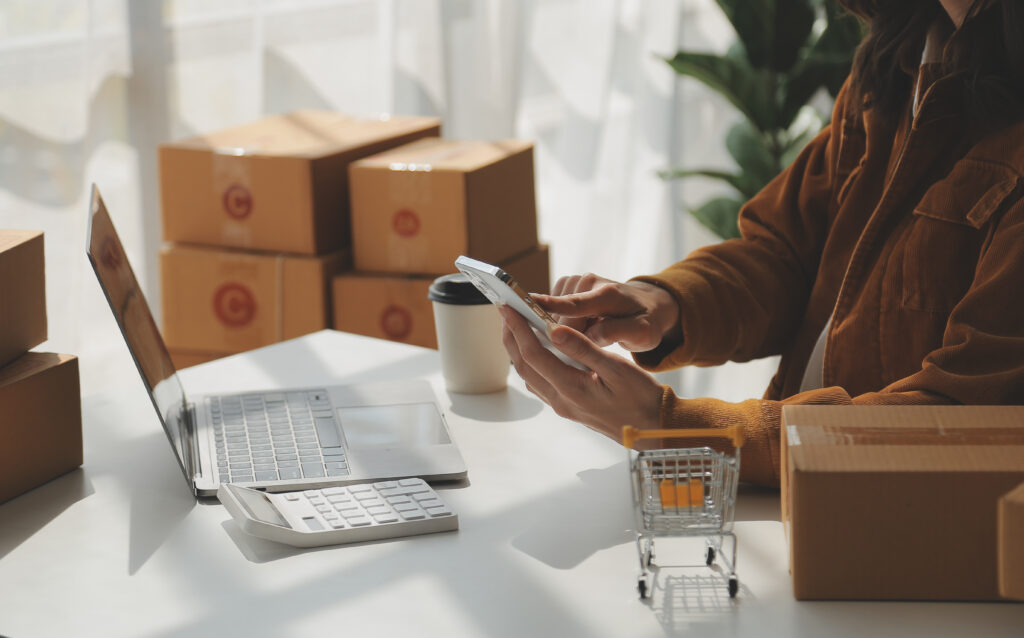portrait young attractive hipster asia female owner startup look camera work happy with box home prepare parcel delivery sme supply chain procurement omnichannel ecommerce online concept